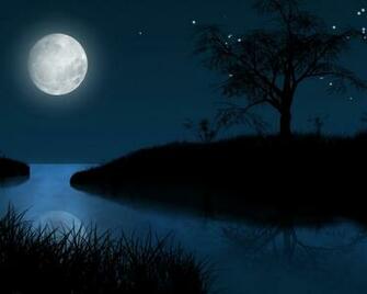 Black Grass Hill Tree Sea Moon Desktop Pc And Mac Wallpaper