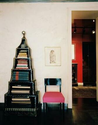 Albert Hadley Black Pagoda Bookcase And Pink Chair