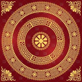 Gold Greek Ornament Meander And Floral Pattern On A Red Background