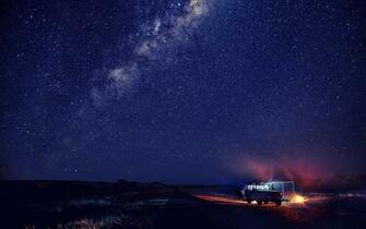 Snow Sky Winter Car Night Stars Mood Space Wallpaper