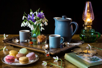 Book Teapot Spoon Flower Glasses Tea Lantern Macaron Wallpaper