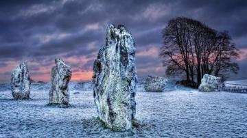 Megalith Stones Trees Snow Clouds Winter Desktop Wallpaper
