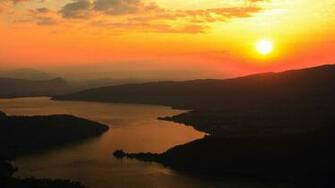 Nature Setting Sun Of Mountain And River Background Wide Wallpaper