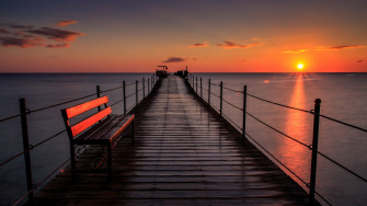 Wallpaper 4k Pier Bench Sunset