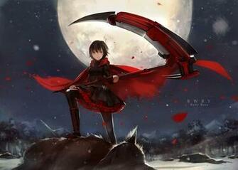 Ruby Rose Rwby Death Scythe Full Moon Wolf Petals Red Cape Girl Female