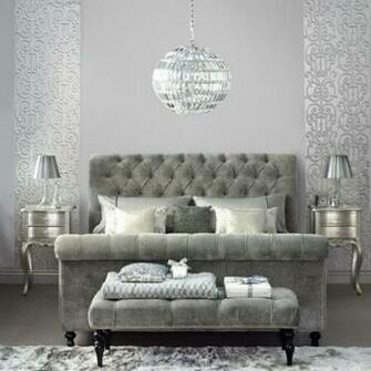 Pewter Bedroom With A Velvet Headboard Footstool Metallic Wallpaper