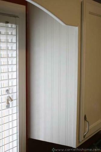 Wainscoting Wallpaper On The End Of Cabinet