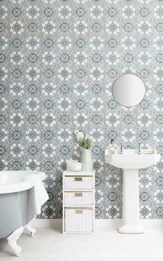 Light Green Portuguese Tile Effect Wallpaper In
