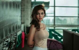 Wallpaper Chest Look Pose Hair Skirt Girl Window Hairstyle
