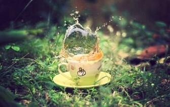Grass Vintage Coffee Cups Splashes Wallpaper