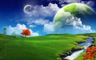 Green Planet Over Windmill Wallpaper