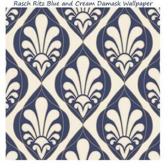 Wallpaper Designer Blue Jacobean Floral On Cream Faux With White