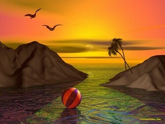 Sea Palm Trees Sunset Sunrise Seagulls Sand 3d Wallpaper