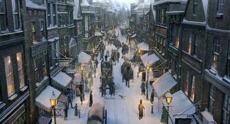 Art City Snow Winter Street Carts Horses People Christmas Wallpaper