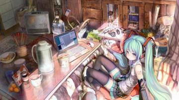 Anime Girls Computers Food Green Eyes Hair