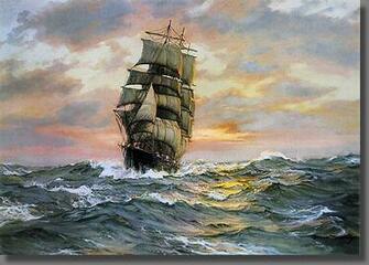 The Clipper Ship Blue Jacket Sailing Open Sea With A Tropical