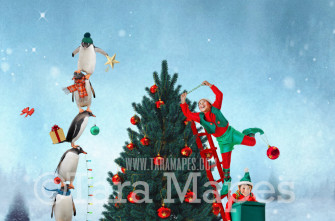 Penguins Decorating Christmas Tree Stacked By