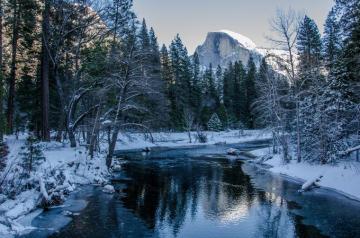 Yosemite National Park Winter River Trees Mountains Landscape