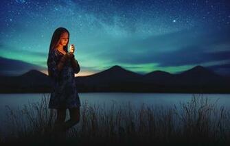 Wallpaper Lights Girl Grass Dress Night Mountains Lake