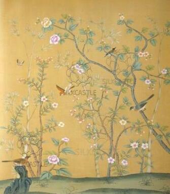 Birds Awakening Garden Handpainted Chinoiserie Wallpaper Pinte