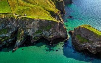 Cliff Bridge Grass Island Ireland Sea Coast Green Water