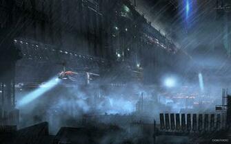 City The Future Lights Rain Flying Machine Skyscrapers Roof