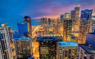 Chicago Illinois City Night Skyscrapers Buildings Lighting Light