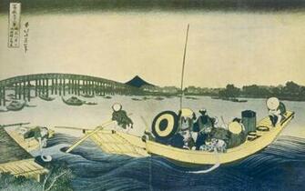 Katsushika Hokusai Sunset Across The Ryogoku Bridge Wallpaper
