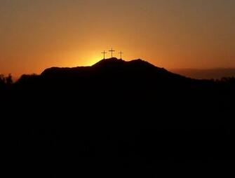 Three Crosses Above Blue Green Sky With Clouds Christian Wallpaper