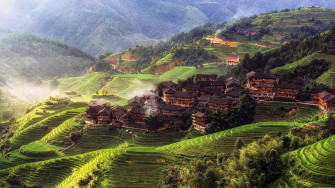 Nature Landscape Trees China Asia Rice Paddy Morning Mist House Wallpaper