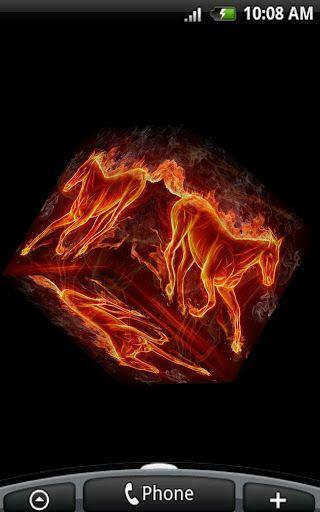 Low Battery Consuming 3d Cube Live Wallpaper Featuring Fiery Horses