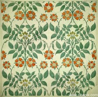 Design For Wallpaper Featuring Stylized Roses Rosehips And Leaves
