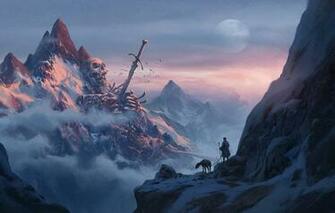 Wallpaper Sake Moon Sword Fantasy Sky Weapon Mountains