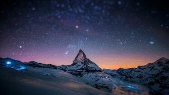 Wallpaper Mountain Peak Stars Sky Night Light Snow