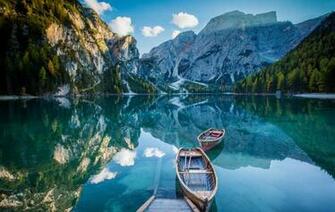 Lake Deck Boat Mountains Mirror Reflection Wallpaper