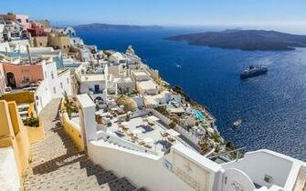 Pictures Santorini Greece Sea Stairway Ships Coast Cities