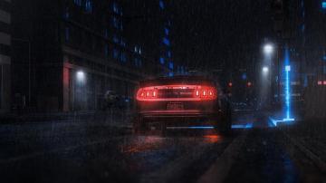 Wallpaper Sports Car Neon Rain