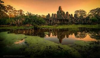 Sunrise Wallpaper Bayon Temple Reflection At