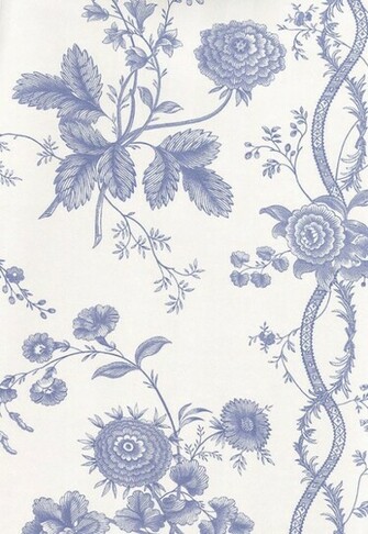Floral Stripe Wallpaper Blue Design Printed On White