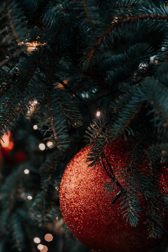 Red And Green Christmas Tree With Baubles Photo