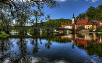 Fantastic Bridge In A Riverside Town HDr Wallpaper