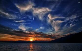 Sunset Mountain Lake Clouds Wallpaper