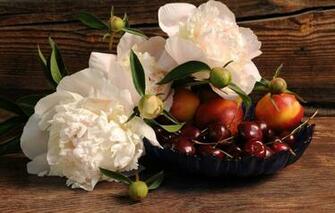 Wallpaper Flowers Berries Board Bowl Fruit Cherry Peonies