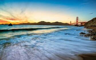 Golden Gate Bridge San Francisco Ocean Beach Rocks Stones
