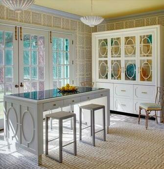 China Seas Lyford Trellis Wallpaper With Bijou Stripe Chair By