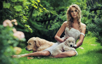 Girl Outside With Cute Puppies Wallpaper HD Girls 4k