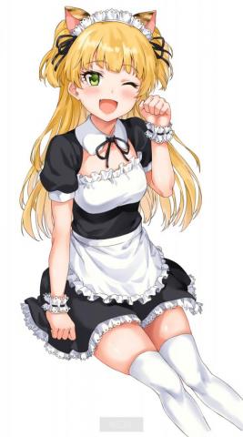 Anime Girl Long Hair Apron Blonde Neko Ears