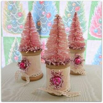 Pink Colored Bottle Brush Tree On Flocked Wallpaper Covered Vint