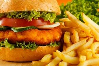 Hamburger Fries Greens Cucumber Tomato Wallpaper