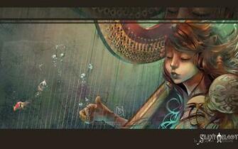 Wallpaper Water Elf Lady Playing Harp